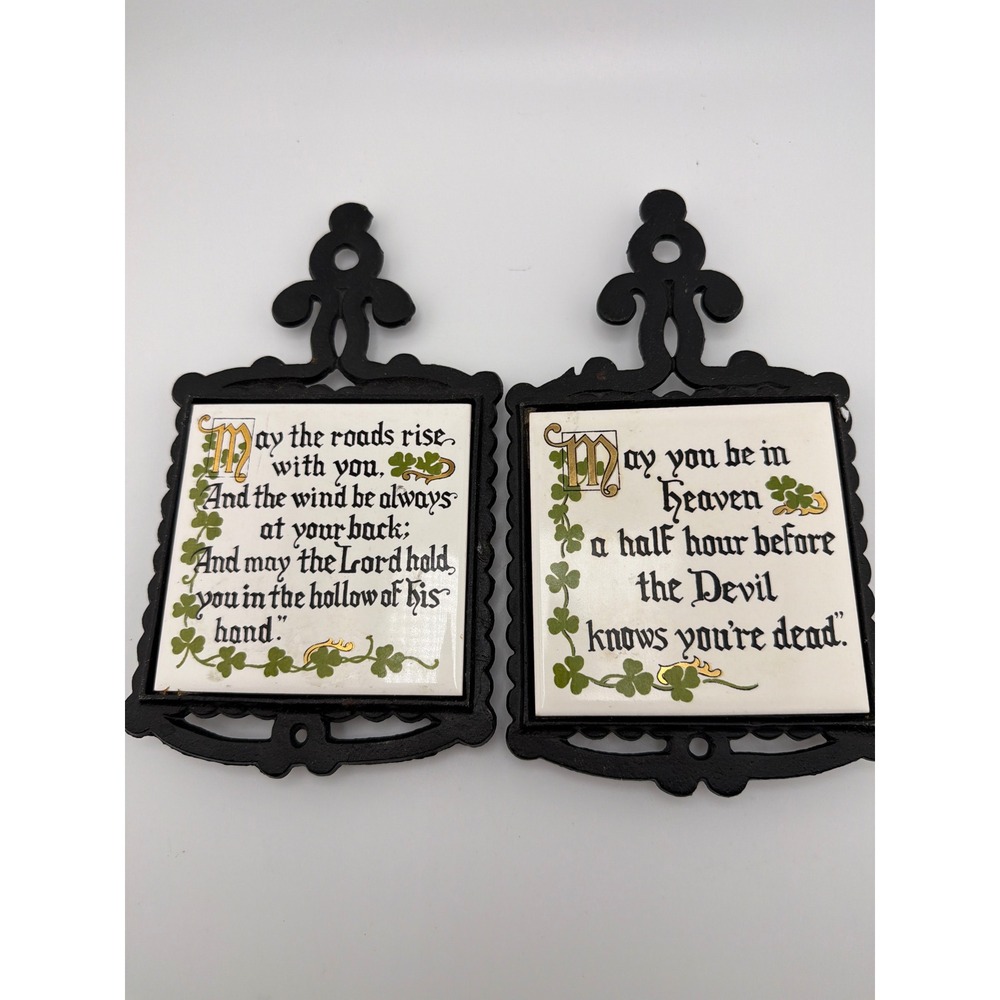 Vintage Enesco Japan Irish Blessing Cast Iron Ceramic Trivet Set of 2